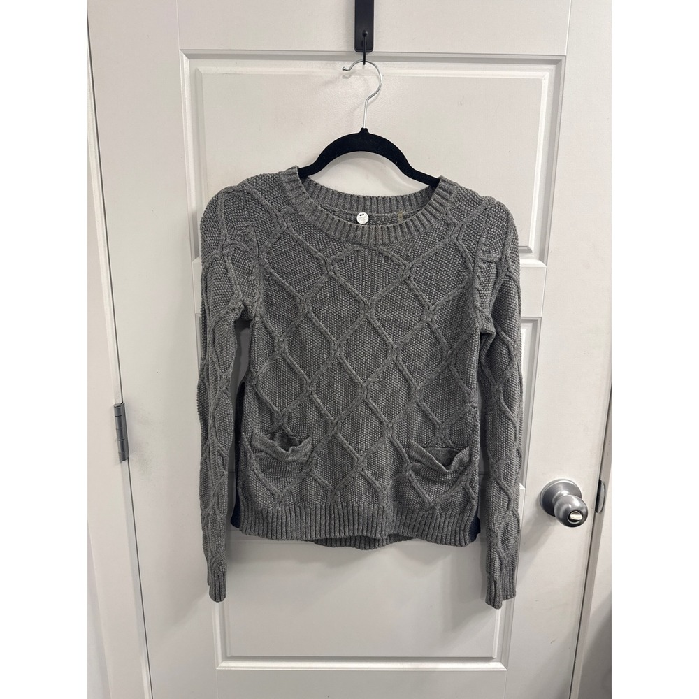 Margaret O'Leary Womens XS Grey Diamond Cable Knit Crewneck Sweater Pockets